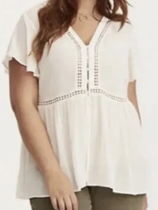 Torrid White Crochet-Detail V-Neck Peplum Tunic
